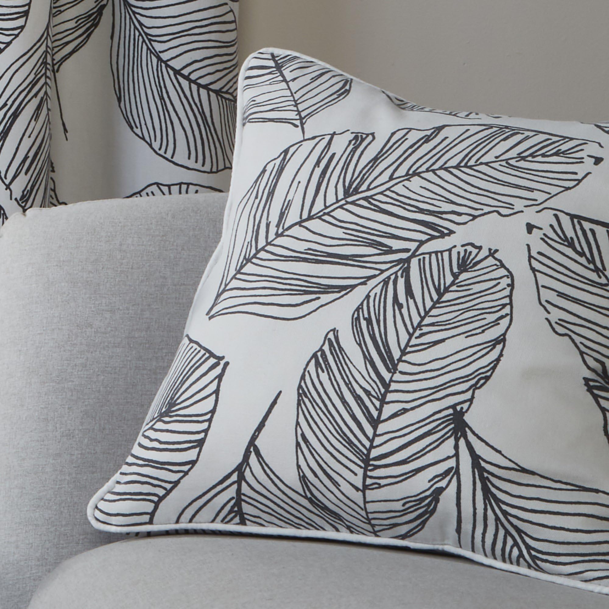 Fusion - White Leaf Cushion (43 x 43cm) - 100% Cotton - Filling Included - Piped Edge - Black and White Tropical Leaves Print Cushion with Covers Included/Cushion Inserts - Matching Curtains Available