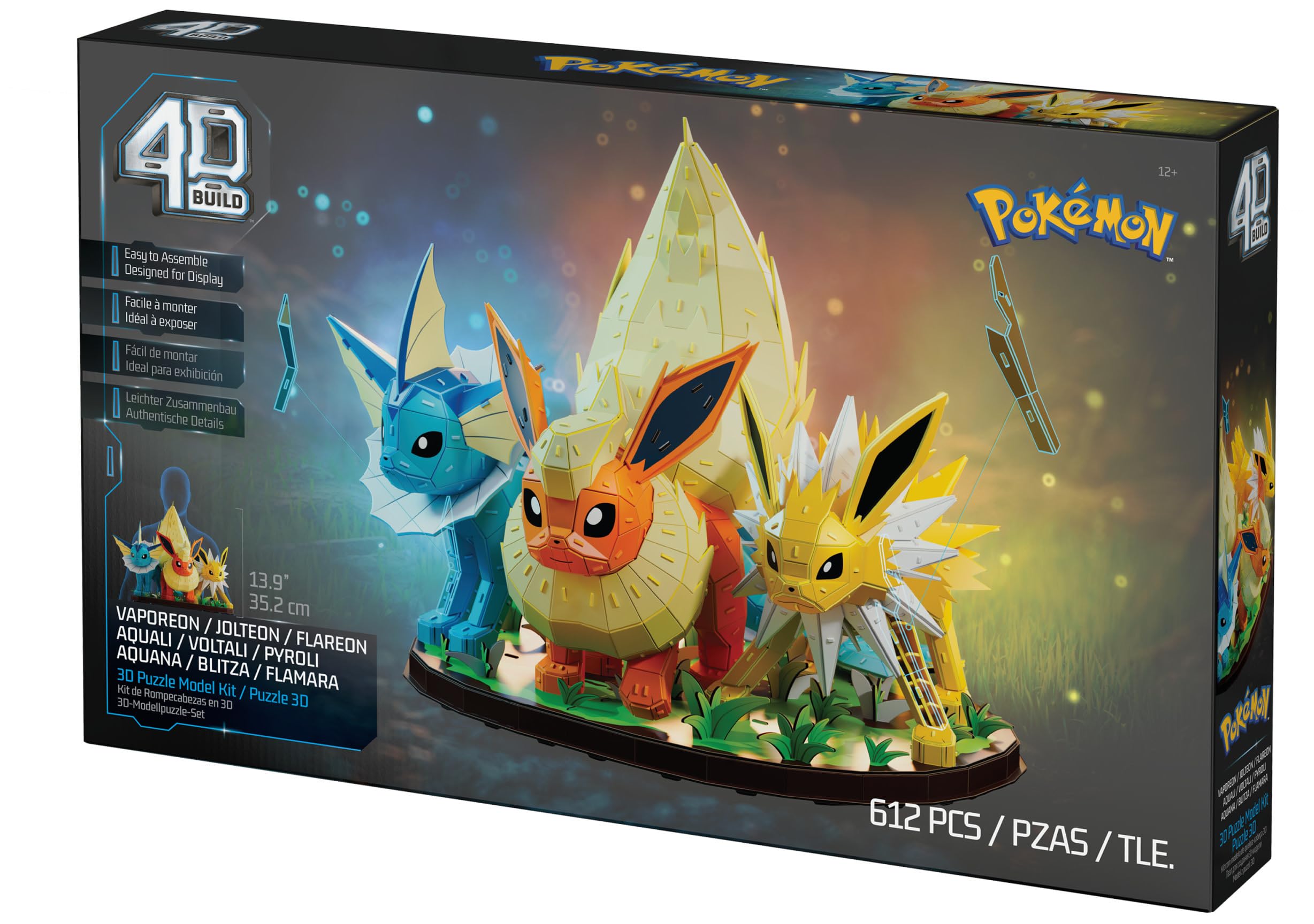 4D Build, Kit di modellismo 3D del Trio di evoluzioni di Pokémon Eevee con Vaporeon, Flareon e Jolteon, Personaggio Pokémon, Decorazione da scrivania, 612 Pezzi, dai 12 Anni in su