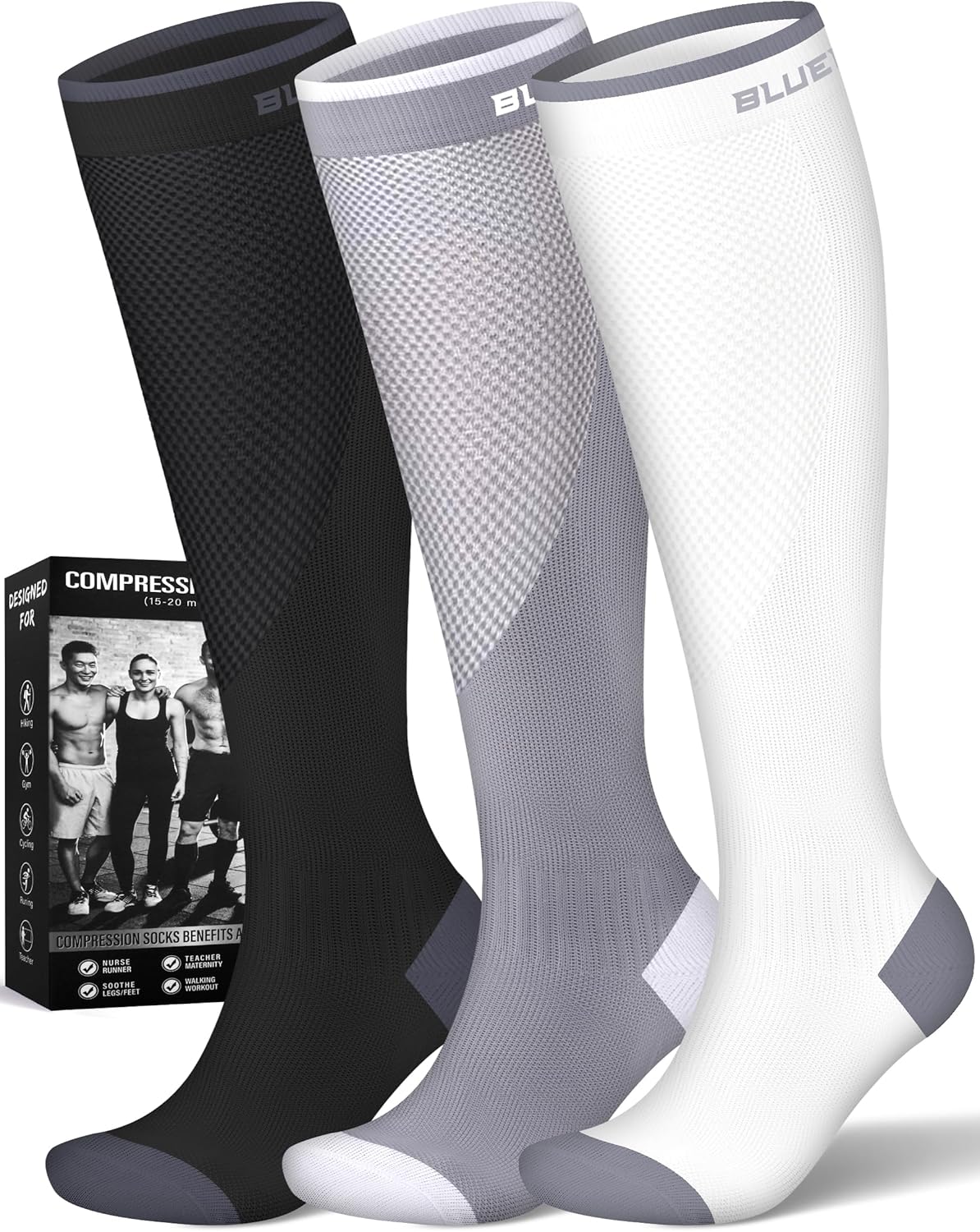 Compression Socks for Women and Men(3 Pairs)15-20mmHg - Best Circulation Support Socks