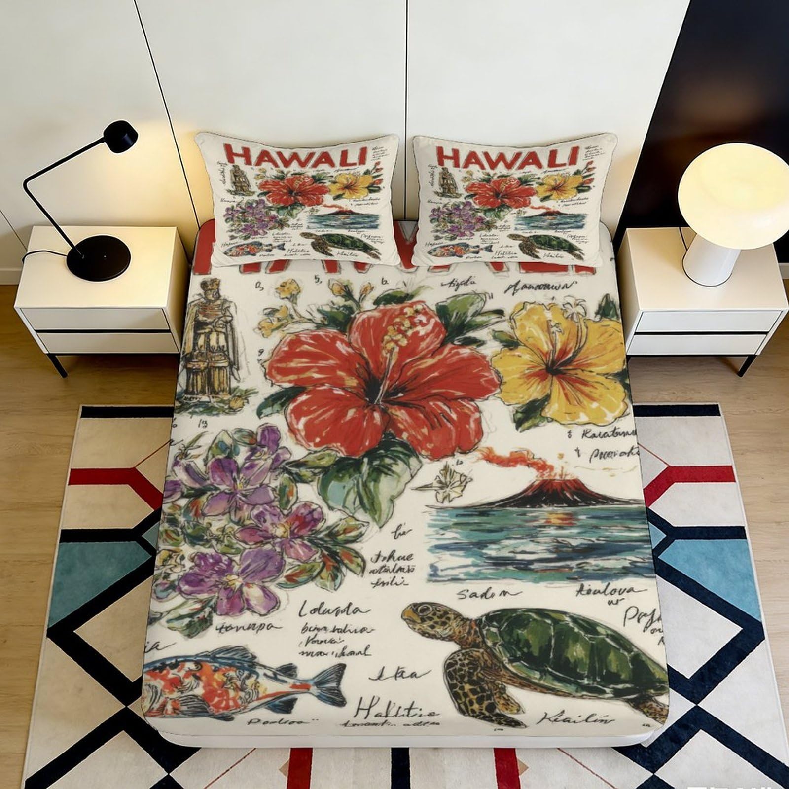 3D Printed Hawaiian Hibiscus Fitted Sheet Microfiber Floral Turtle Mattress Cover for Bedroom Guest Room Decor 90x200x25cm