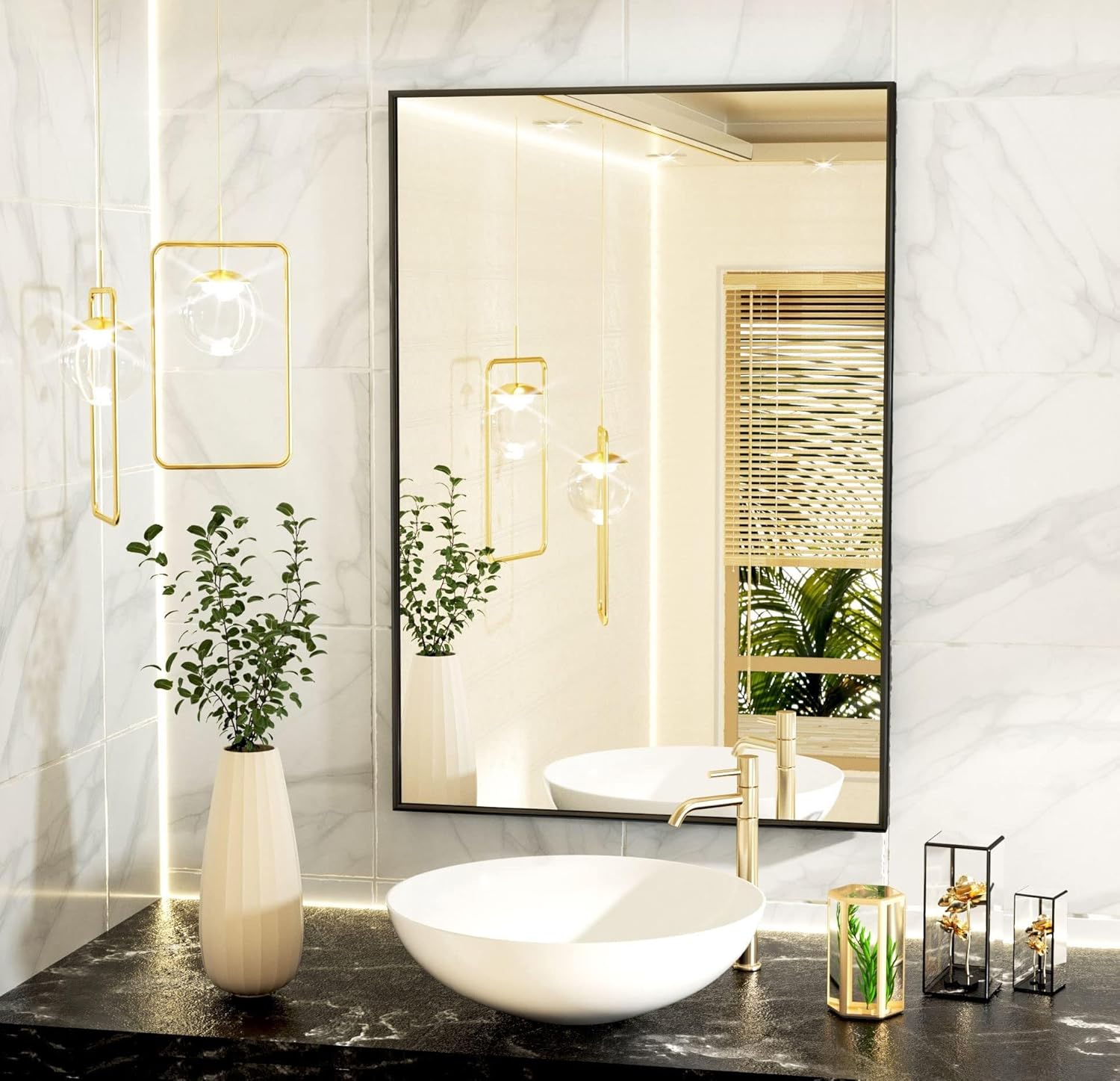 HARRITPURE 20“x28” Bathroom Mirror Rectangular Wall Mirror Metal Frame Hanging Mirrors Horizontal or Vertical Hangs Simplicity Decor for Bedroom Living Room Bathroom Entryway, Black