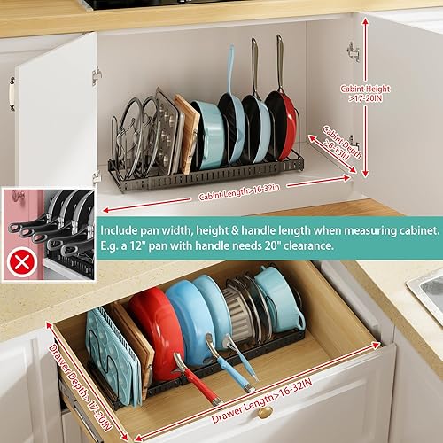 Miniatura 4 de X-cosrack Organizador de ollas y sartenes con 15 separadores ajustables, 7 pulgadas de profundidad x 32 pulgadas de ancho x 7.1 pulgadas de alto, 3