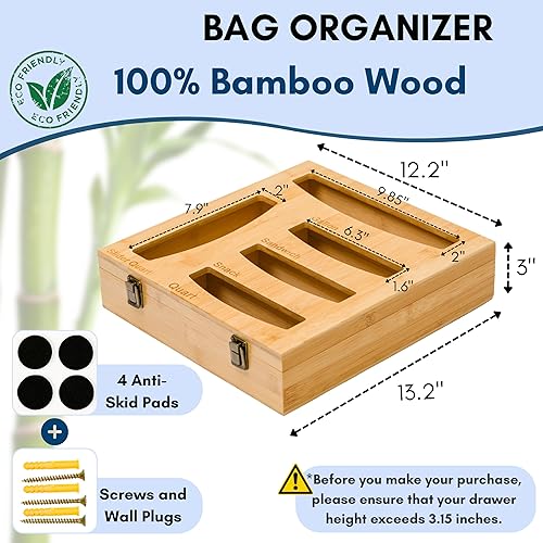 Miniatura 2 de SAMATIZE Caja de almacenamiento de madera con cierre de cremallera de bambú para cajón de cocina o montaje en pared, compatible con bolsas de varios