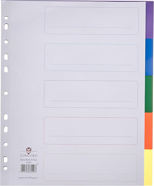 Concord Punched Pocket Dividers Plastic Multicolour-tabbed 5-Part Extra Wide A4 White Ref 66099