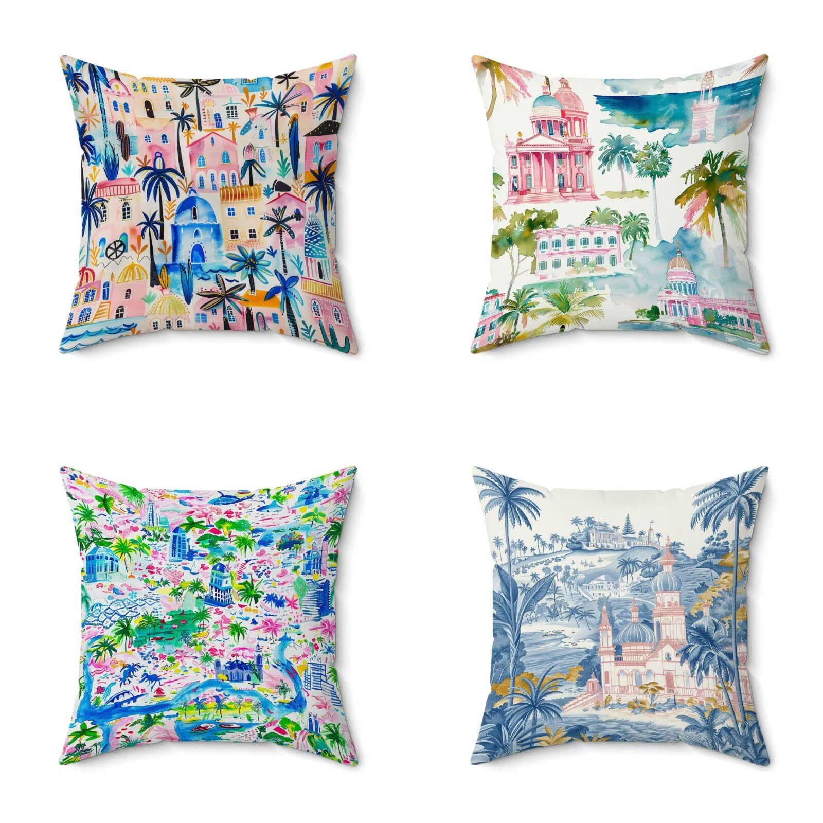 Federe Cuscini Divano 80X80CM Set di 4 Colore Cuscini Divano Small TownMotivo Stampa Fronte-retro Design, Impermeabile Lino Retro Federe Copricuscin per Soggiorno Camera Balcone Esterno Decor 3-886