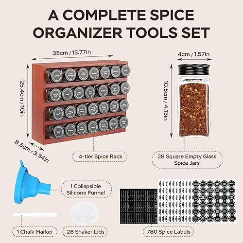 Miniatura 3 de Bamboo Spice Rack Organizer with 28 Spice Jars, 780 Labels, 4 Tier Wood Hanging Shelf, Chalk Marker and Funnel Set for Drawer Cabinet Kitchen