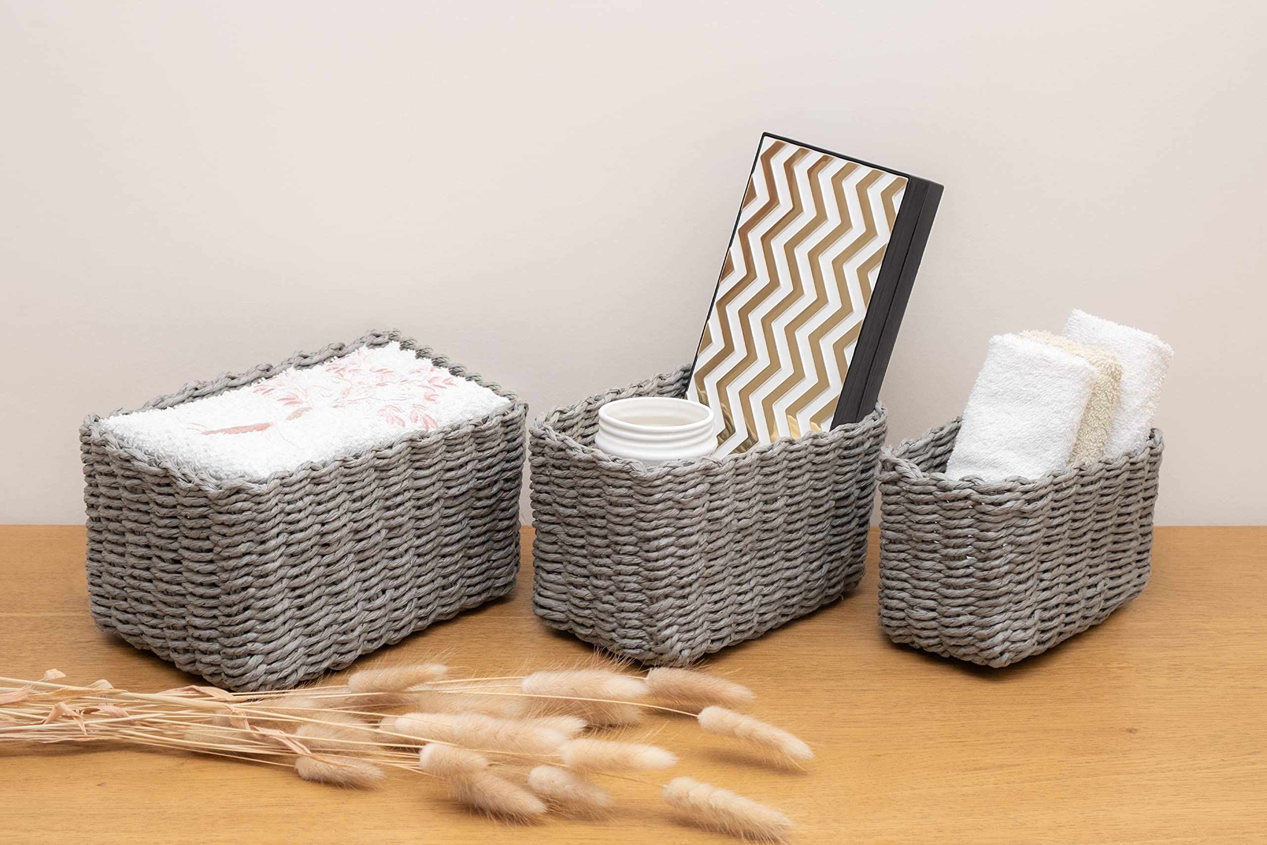 Set Di 3 Cestini In Vimini Per Bagno In Giacinto D'Acqua - Cesto Per Rifiuti, Vassoi E Porta Fazzoletti, Organizer Decorativo