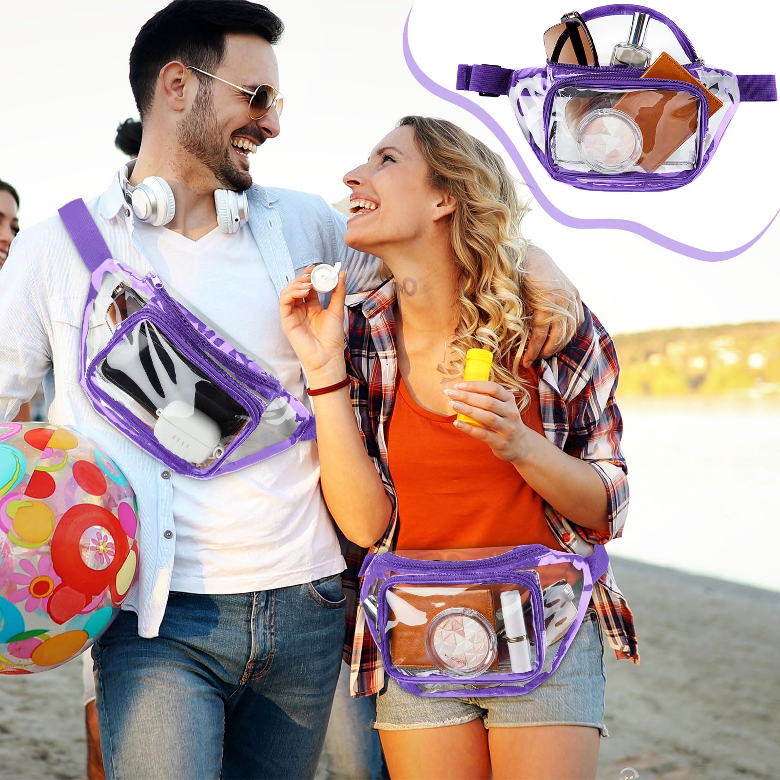 Reginary 24 transparente Bauchtaschen für Damen und Herren, Bauchtasche, Stadiongenehmigt, transparente Tasche, wasserdicht, Geldbörse, verstellbare Gürteltasche für Festivals, Spiele, Reisen, Violett
