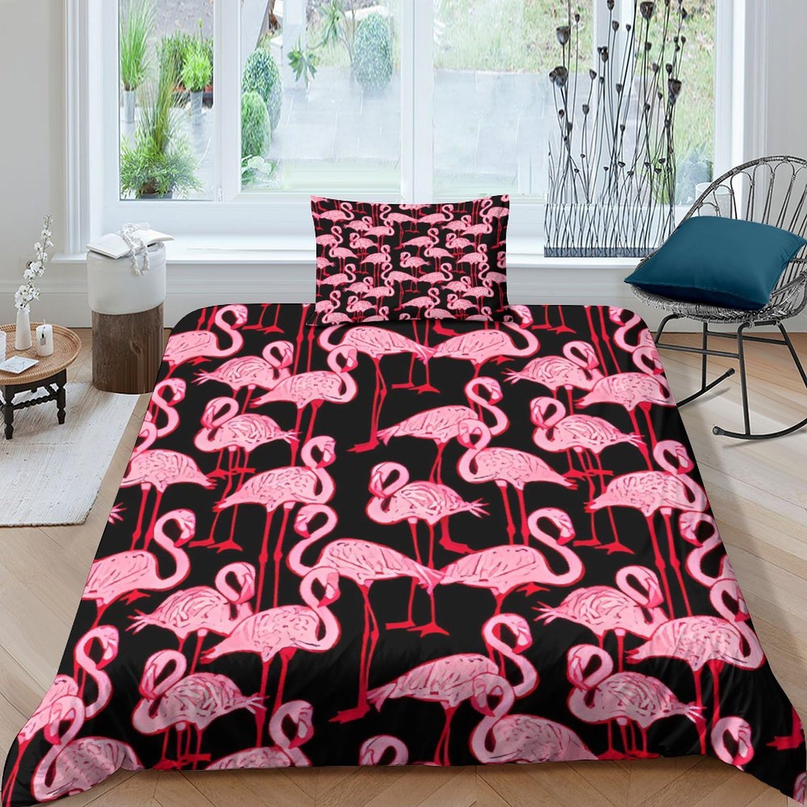 Housse de couette flamant rose 3D 135x200 parure lit microfibre