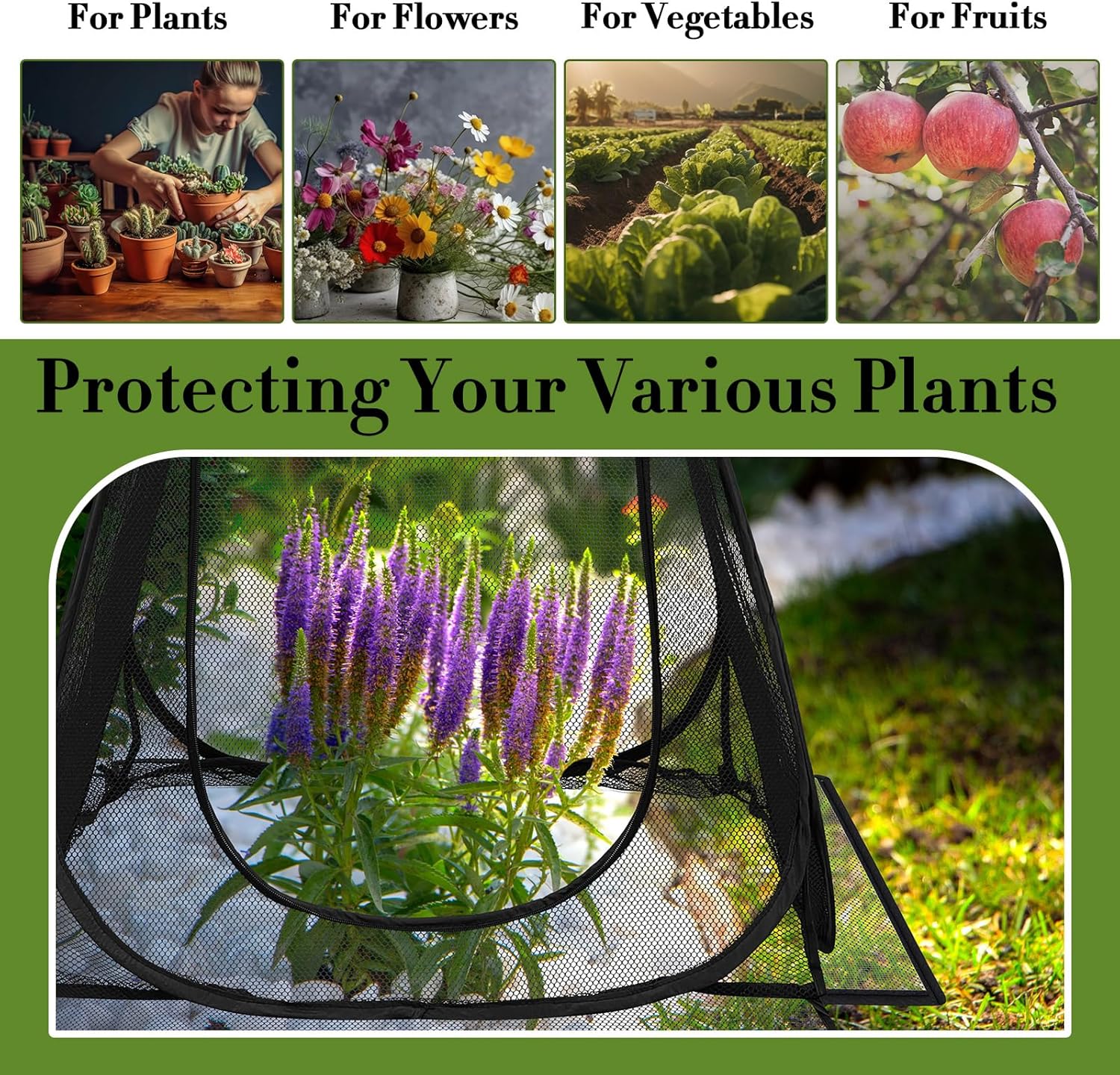 6 Pcs 26 x 26 x 32 Inch Pop up Gardening Net Guard Covers Mesh Plant Protectors with Zip Entry & 24 Stakes from Bird Small Animal Pest Portable Plant Tent Cage for Flowers Vegetables Fruits