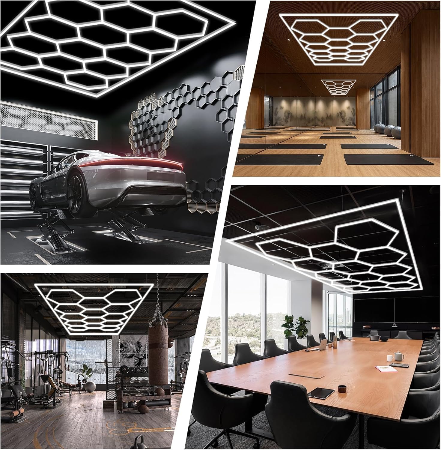 Examples of hexagonal light grid layouts in different environments like a garage, gym, and office.
