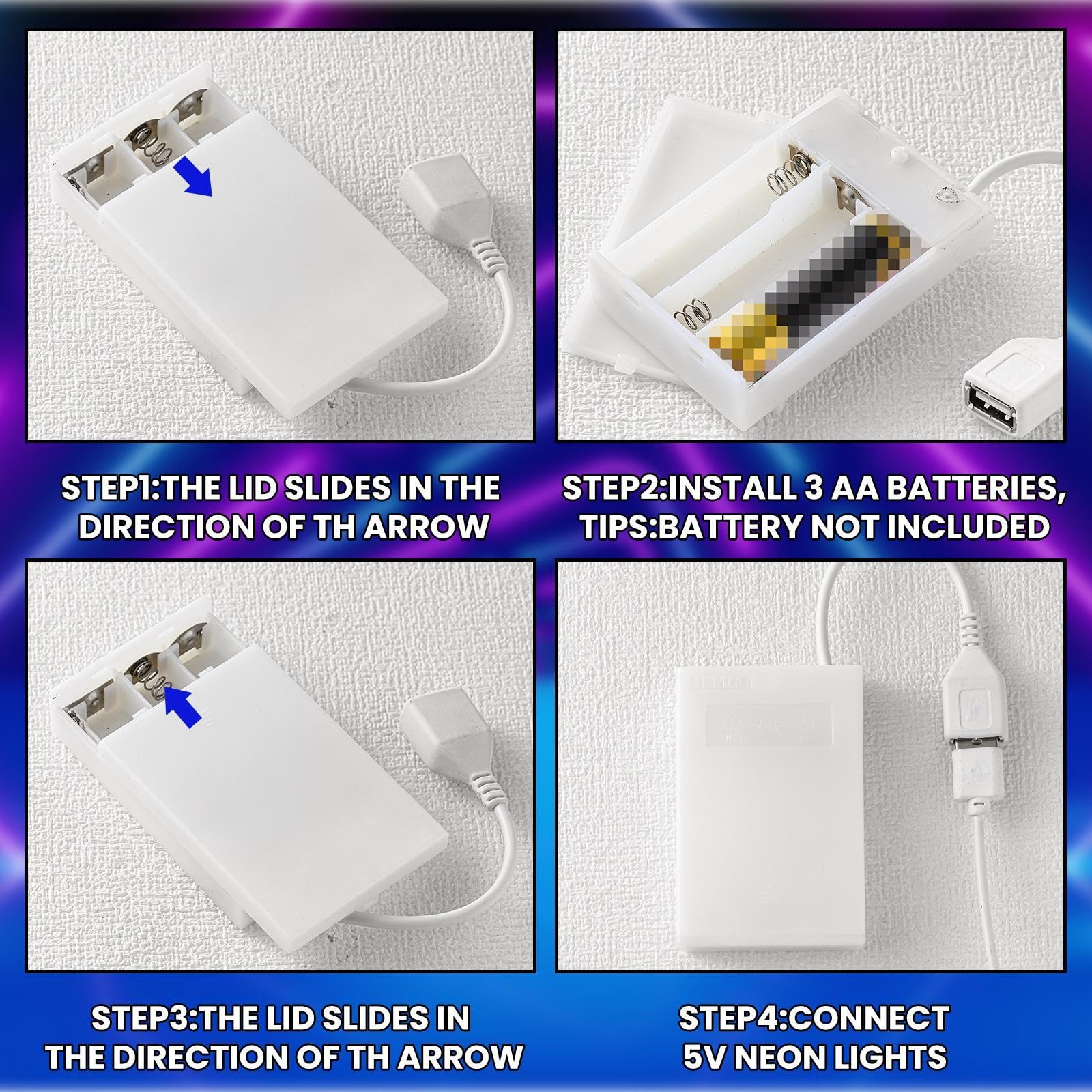 Copkim Lot de 6 batteries USB portables pour panneaux néon 5 V avec couvercle et interrupteur marche/arrêt pour convertisseur d'alimentation à piles 3 supports AA pour événements en plein air, camping