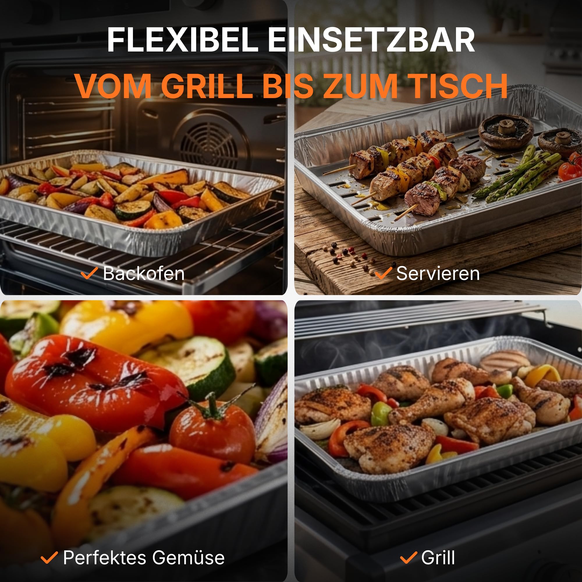 Einweg-Grillschalen aus Aluminium 34 x 22,5 x 3 cm mit, 50 Stück | Lüftungsschlitzen, Hitzebeständige Alu Grillschalen groß, BBQ Grillpfanne für Grill & Backofen, Aluschalen, Grilltassen, Tray