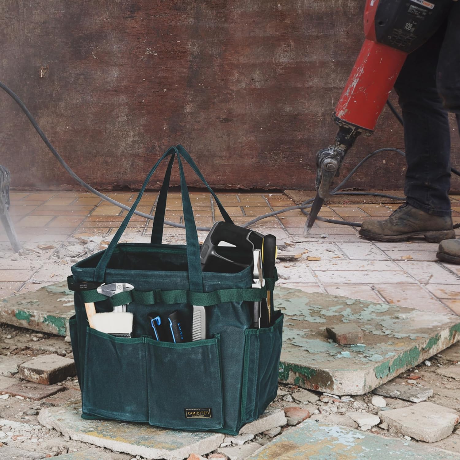 Collapsible Waxed Canvas Tool Pouch with 23 Hanging Holes - Reusable Grocery Bags with Handles for Garden/Camping/Tools/Car Trunk Storage, 14" x 13" x 10" | Dark Green - Image 5