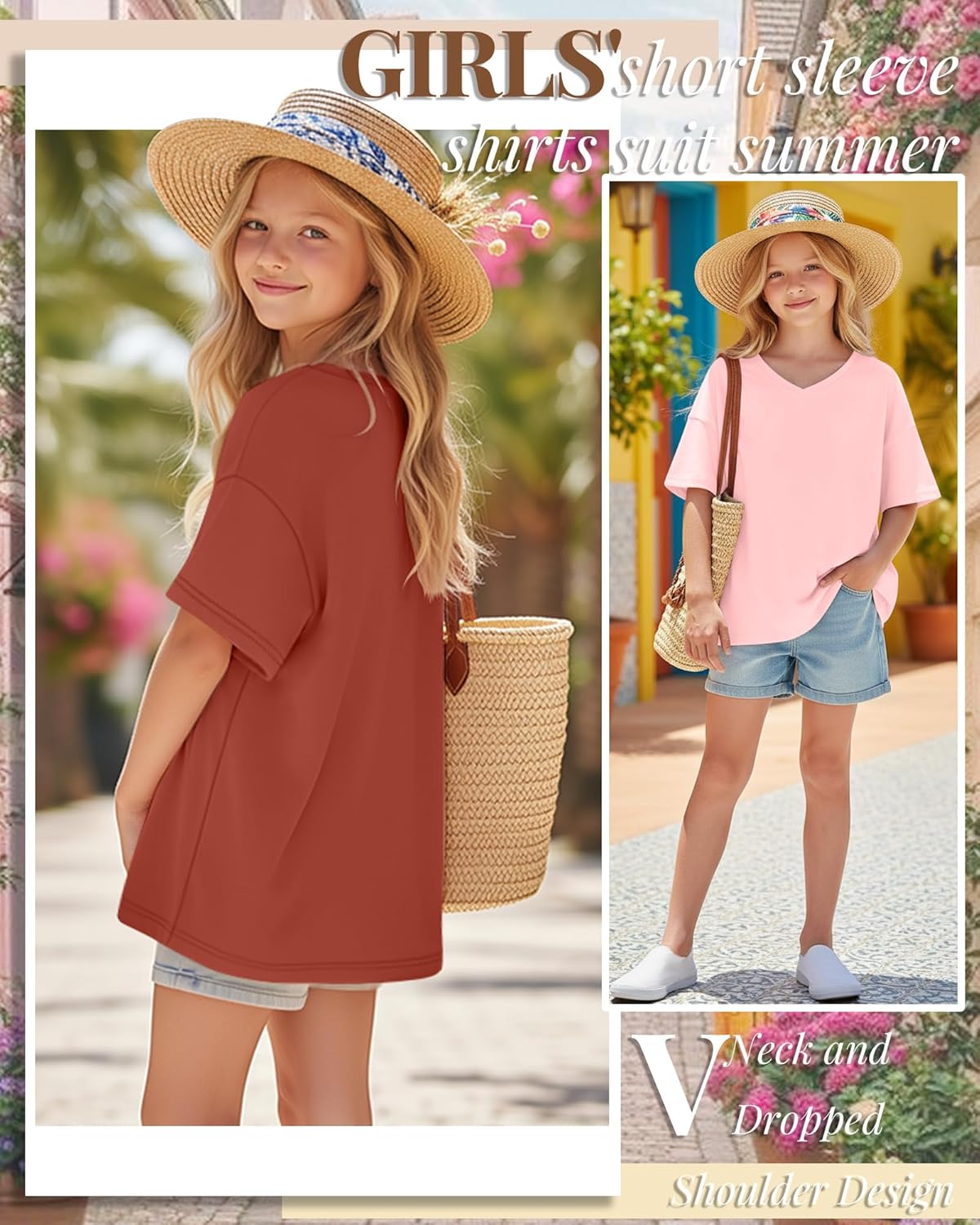 3 Pack Girls' Short Sleeve T Shirts Kids Summer Oversized Tops V Neck Drop Shoulder Casual Basic Tee 5-14 Years - Image 5