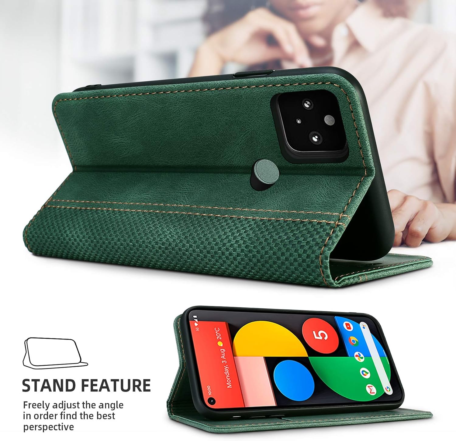 AKABEILA Compatible with Google Pixel 5 Case, Phone Case PU Leather Flip Case for Google Pixel 5 Folio Wallet Case Cover with Card Holder Magnetic Closure Kickstand Shockproof Phone Cover - 6.0" Green