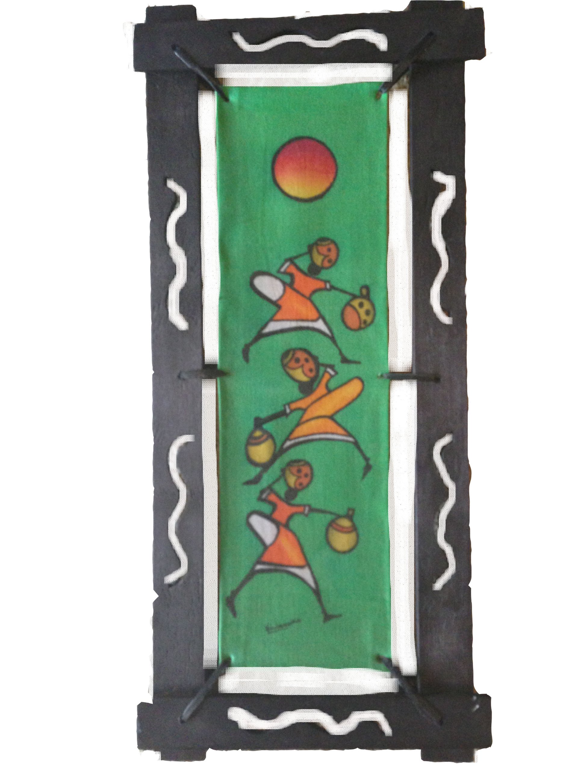 Framed Batik Painting- Women Walking with Pots on Their Head: Green