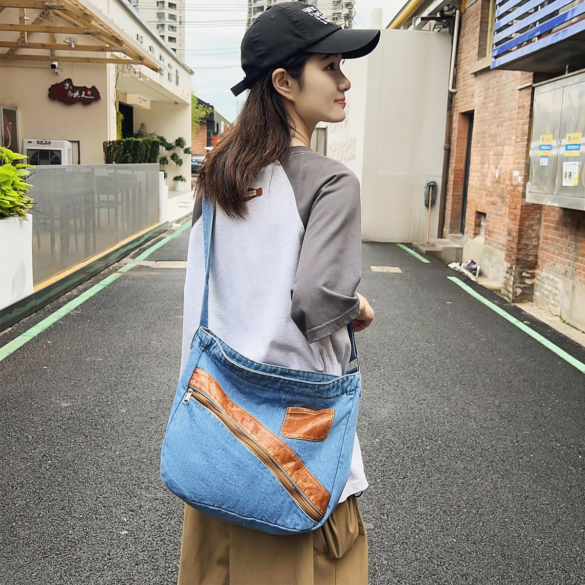 Denim Purse for Women Men Tote Bag with Zipper Crossbody Blue Jean Purses Canvas Shoulder Bag Hobo Handbag - Image 3