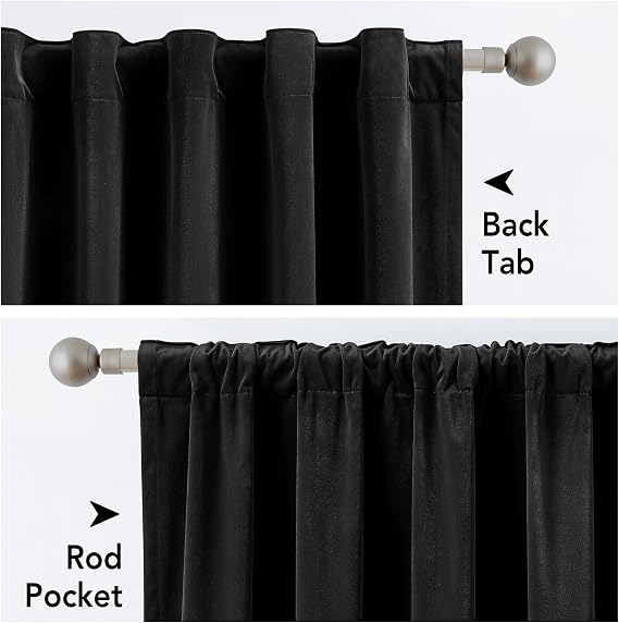Black Velvet Curtains for Bedroom 42x63 80% Blackout Back Tab 2 Panels