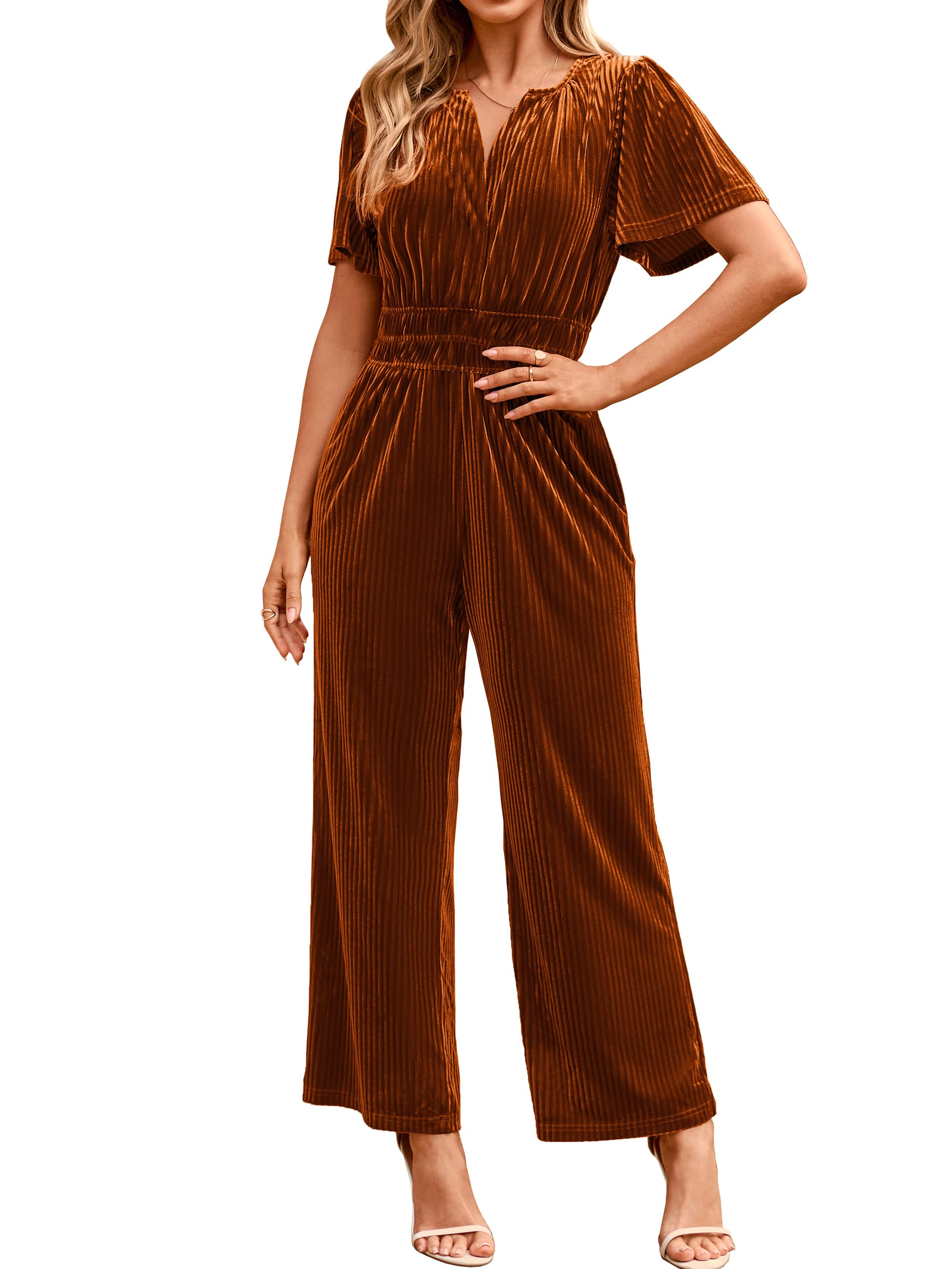 Simplee Womens Short Sleeve Wide Leg Velvet Jumpsuit Dressy V Neck Elastic Waist Formal Jumpsuits 2024 Winter Holiday Outfits-image-31