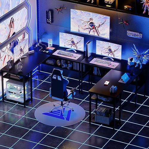 Miniatura 54 de Unikito Escritorio en forma de L con luz LED y toma de corriente, mesa de computadora de esquina reversible con soporte para monitor y estante de