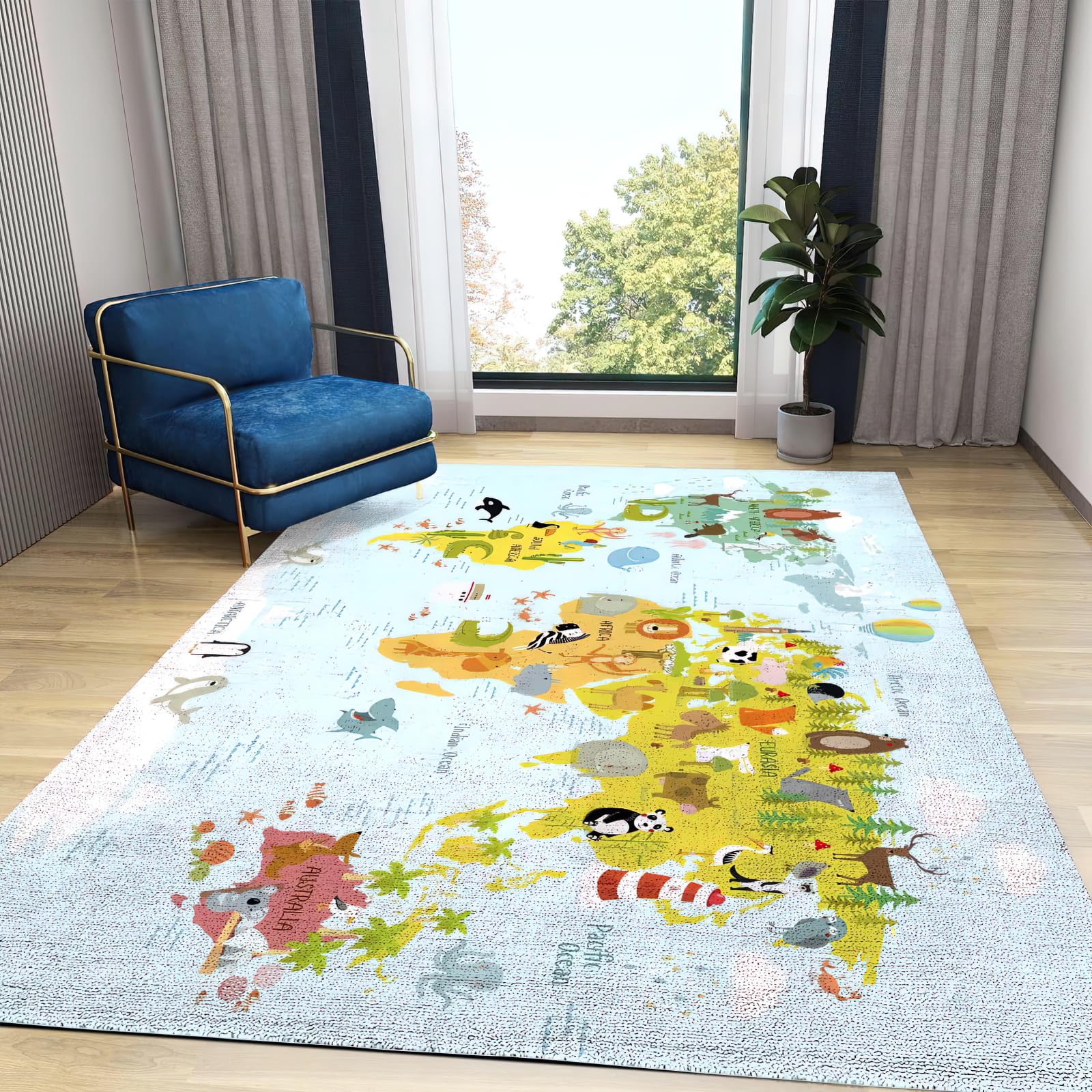 Cartoon Animal Map Area Rug, Fun World Map for Children's Enlightenment Non Slip Easy Care Kids Rugs, Breathable Durable Carpet for Indoor Bedroom Living Room Office Decor Rug - 3 ft x 4 ft