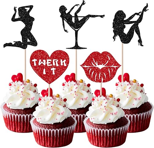 Paquete de 30 adornos para cupcakes con purpurina para el día de San Valentín, despedida de soltera, lápiz labial Twerk, corazón, palillos para
