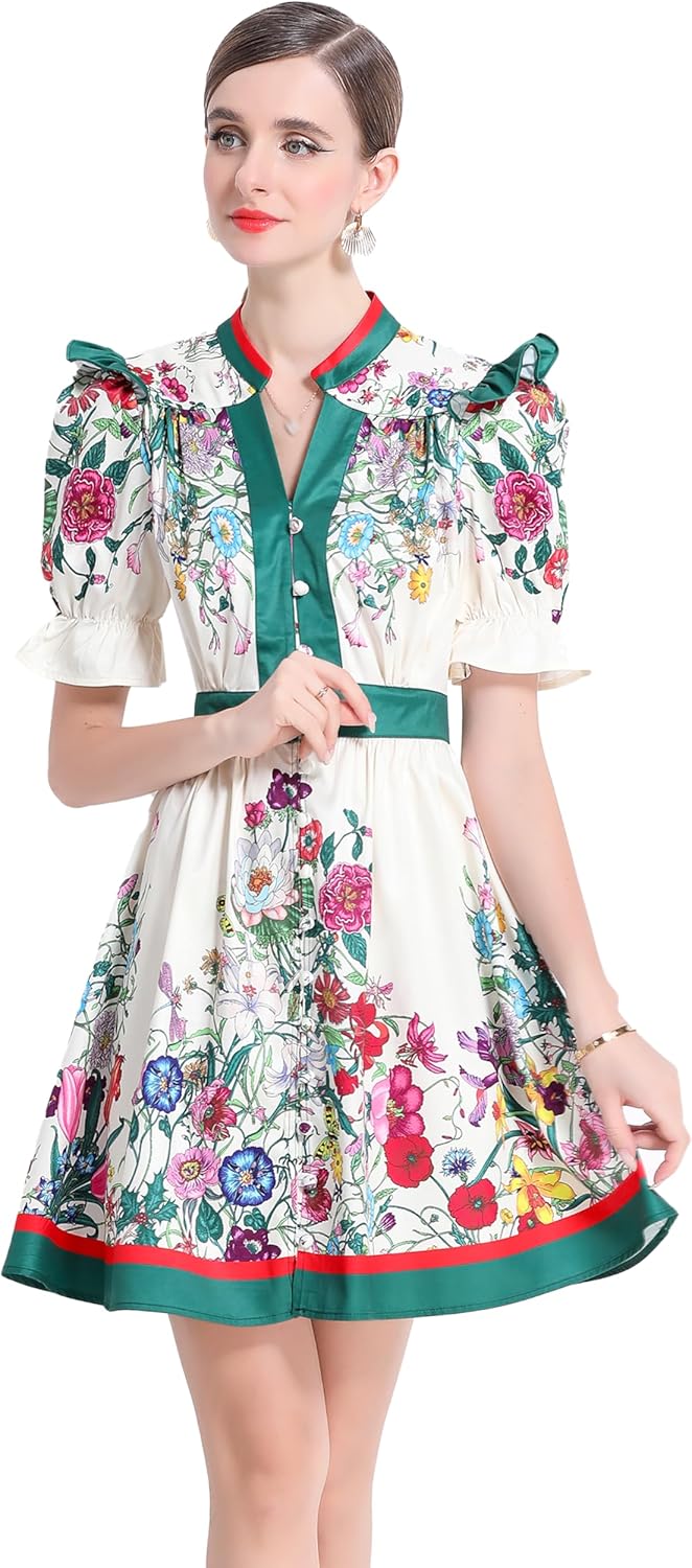 LAI MENG FIVE CATS Women's Button Up Short Puff Sleeve V-Neck Floral Print Split Casual Mini Dress