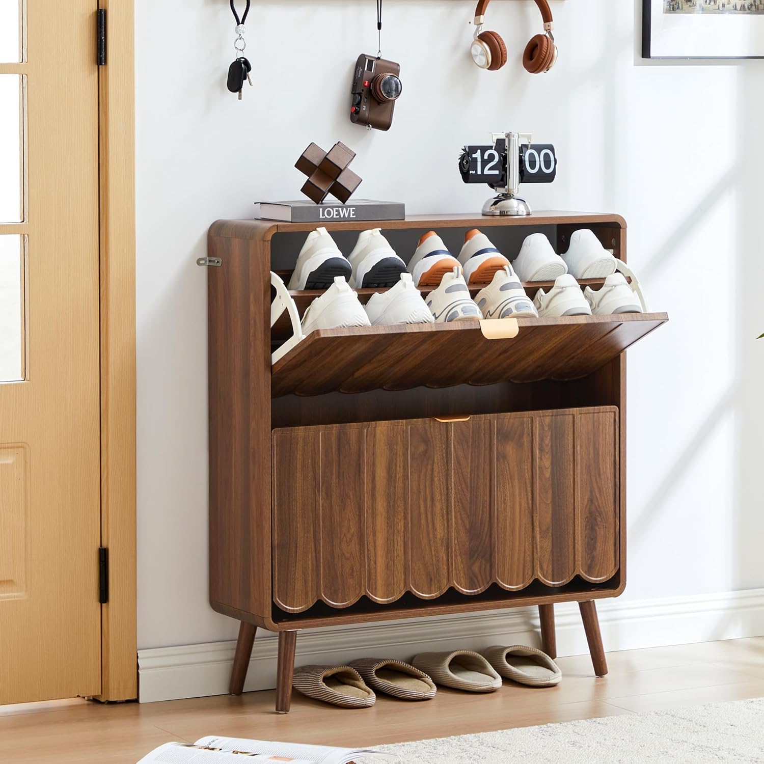 ORRD Shoe Storage Cabinet for Entryway with 2 Flip Drawers Set of 2, Freestanding Narrow Wood Shoe Cabinet with Wave Panel, Hidden Shoe Organizer for Foyer, Hallway (Walnut)
