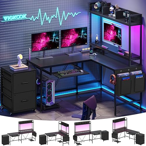 Miniatura 1 de VIGKOOK Escritorio para juegos en forma de L con estantes, escritorios reversibles de oficina en casa de 55 pulgadas con toma de corriente, tira LED