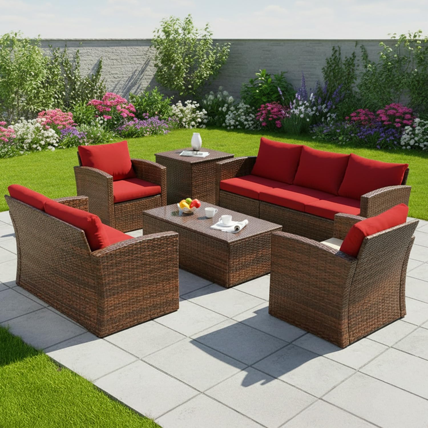 DEVOKO Oasis Outdoor 7-Seater Wicker Sectional Sofa Waterproof Outdoor Furniture with Cushions, Center Table and Side Table for Indoor and Outdoor (Dark Brown & Red)