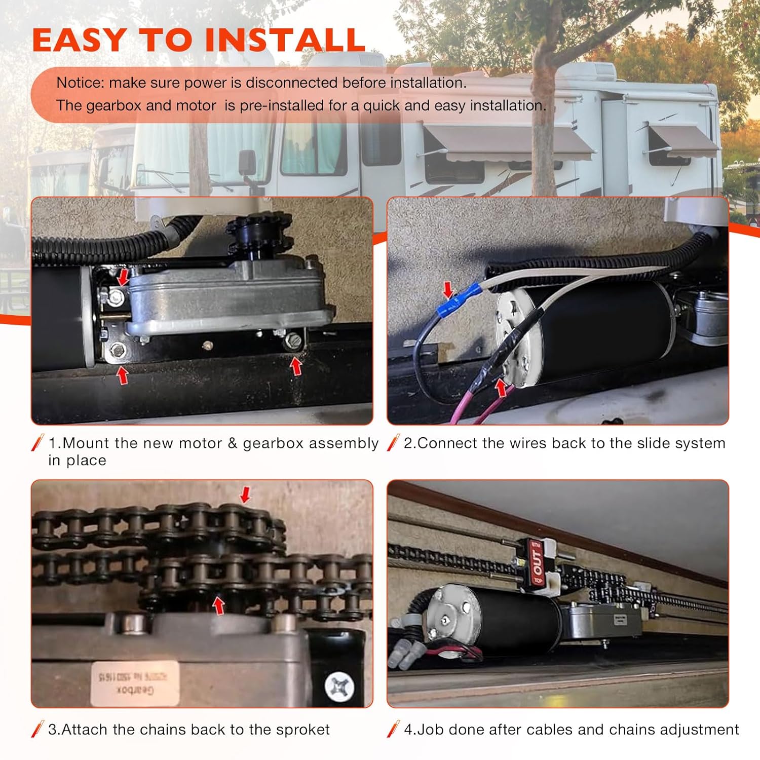 RV Slide Out Gearbox Housing R25076 R25075 225008 Accu Slideout PMDC Motor | 3/16 Drive High Output 13-Tooth Sprocket | Replaces R25076-1 R25074 64ZY-CJ001-039