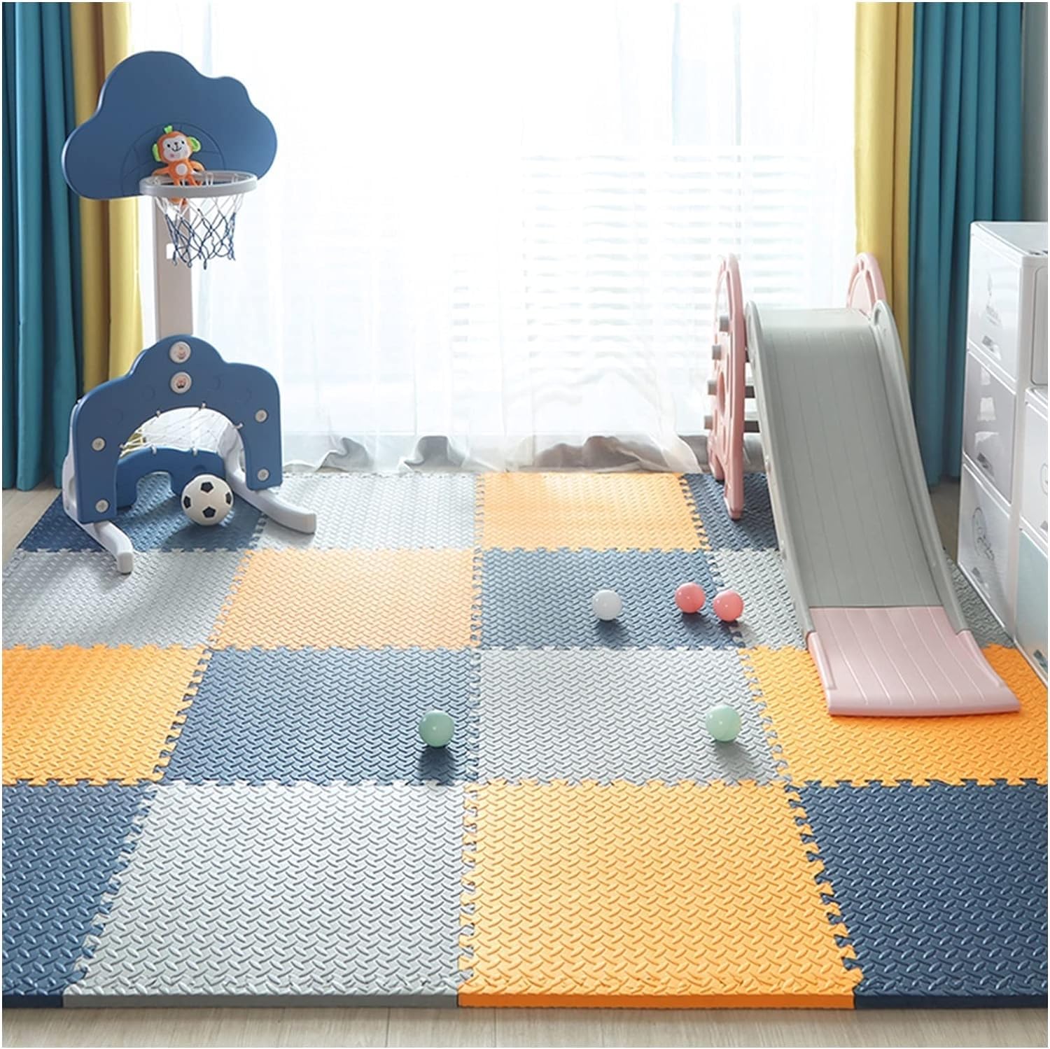 SIGNATRON Puzzle Flooring || Kids Interlocking Play mat || Shop Floor Mat || Kitchen Floor Mat || Pet Mat ||12 MM Thick (6 Tiles - 24 Square Feet, Navy Blue - Orange - Grey)-image-49