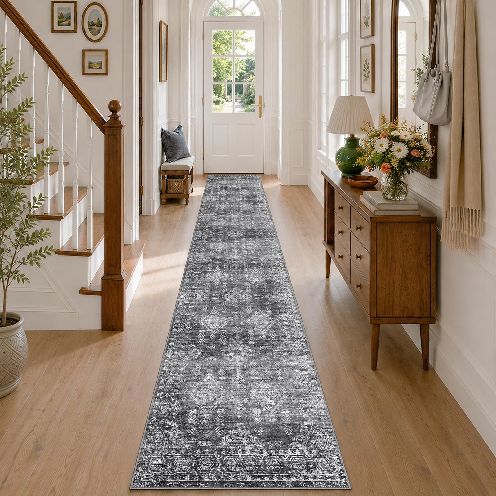 DEFYNEE Hallway Runner Rug 60x300cm, Washable Rugs Living Room, Grey