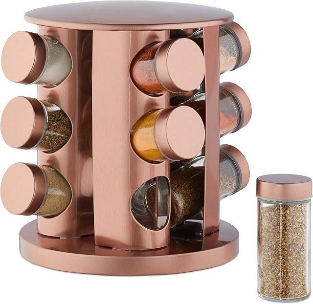 Relaxdays Spice Carousel with 12 Jars, 360° Rotation, Clear Spice Shakers, Stainless Steel, Copper