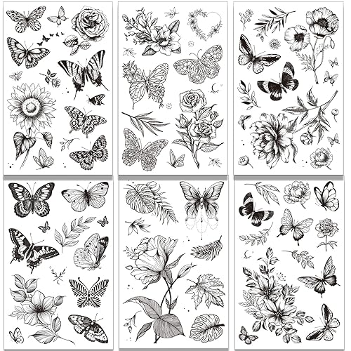 Miniatura 2 de Tazimi 6 hojas de tatuajes temporales de mariposa de flores negras para mujeres y niñas, de larga duración, realistas, impermeables, tatuajes falsos