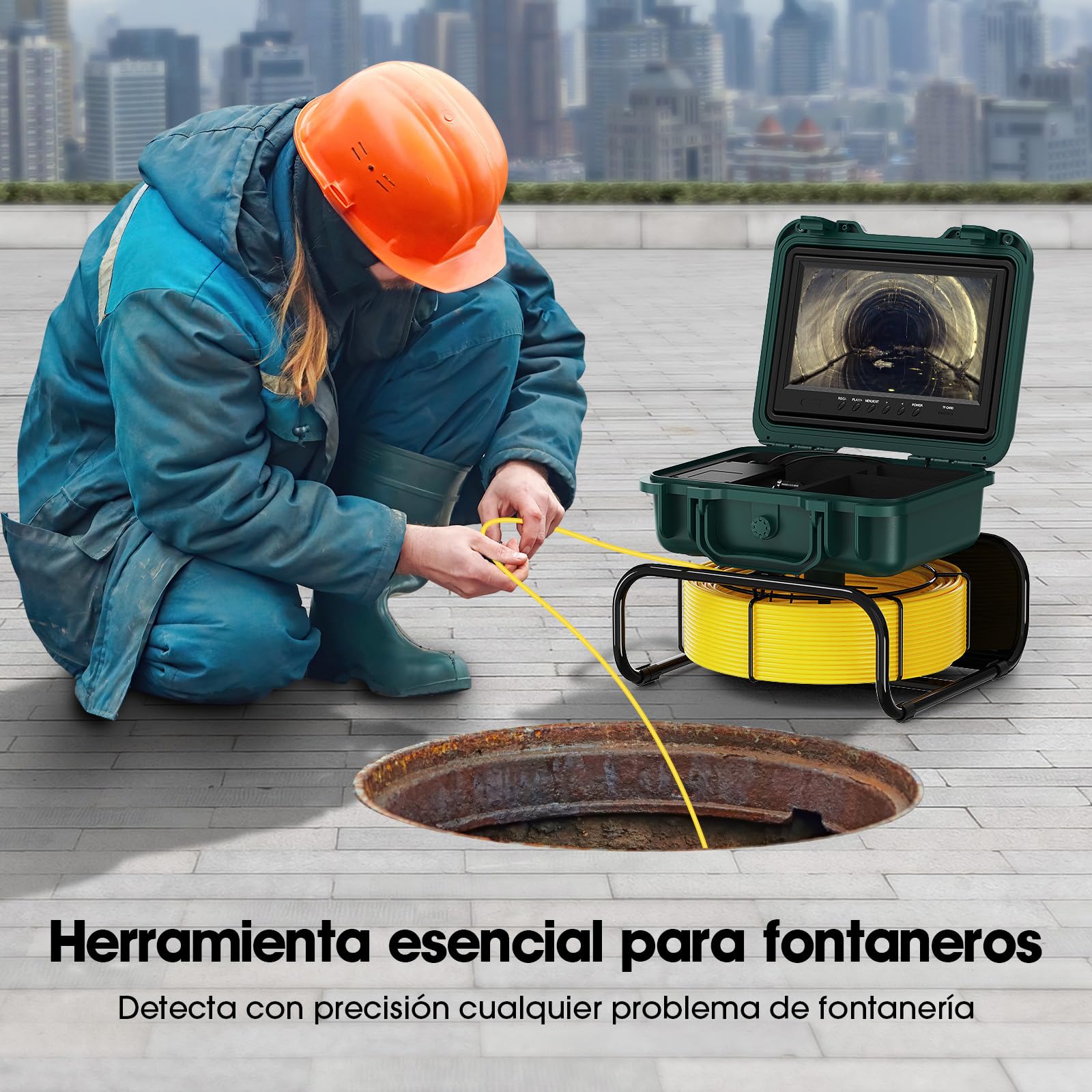Cámara de Inspección de Alcantarillado Autonivelante 30M con Localizador 512Hz, Pantalla Táctil de 9 Pulgadas 1080P, Contador Automático, Tarjeta de 32GB y 12 Luces LED para Tuberías de Desagüe