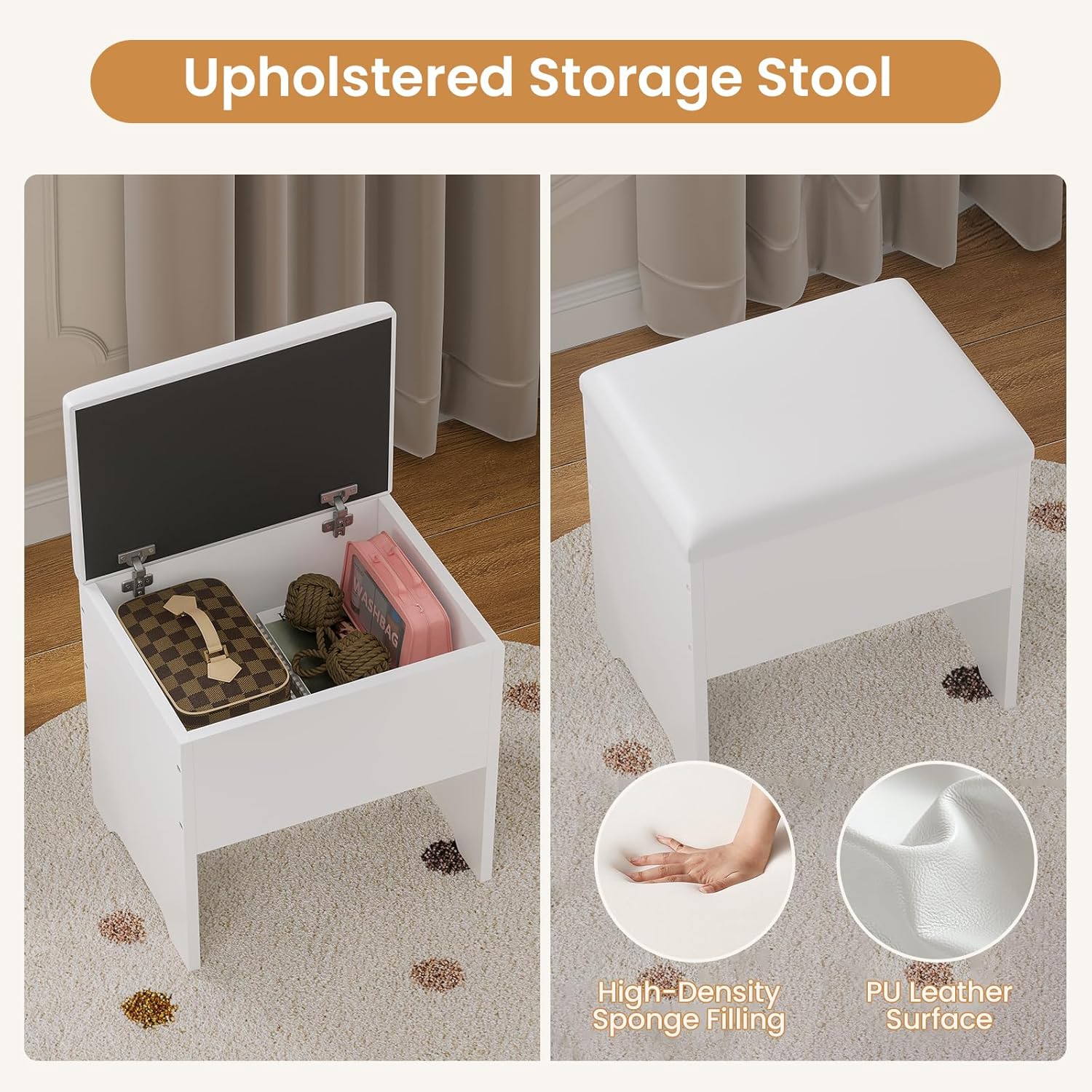 Cushioned storage stool for the BTHFST vanity, showing internal storage and material details