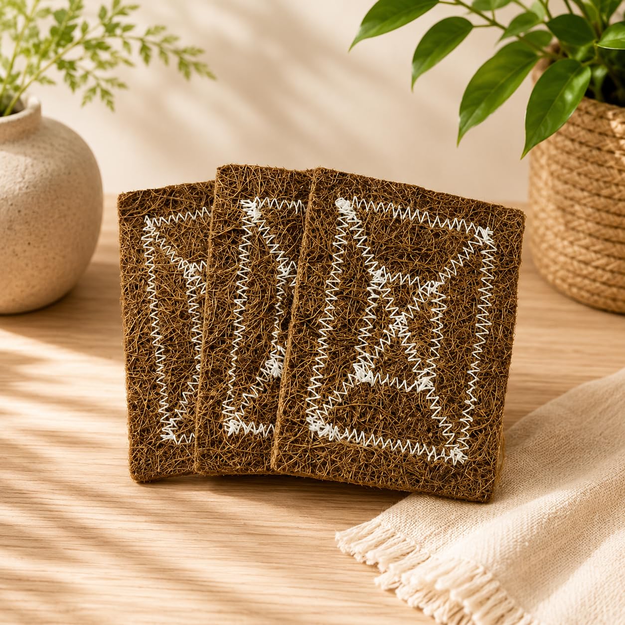 Coir Coasters with White Embroidery Border, Set of 4 | Natural Coconut Fibers, Removes Grease & Stains, Odour Resistant, Reusable & Durable, Biodegradable-picture-17