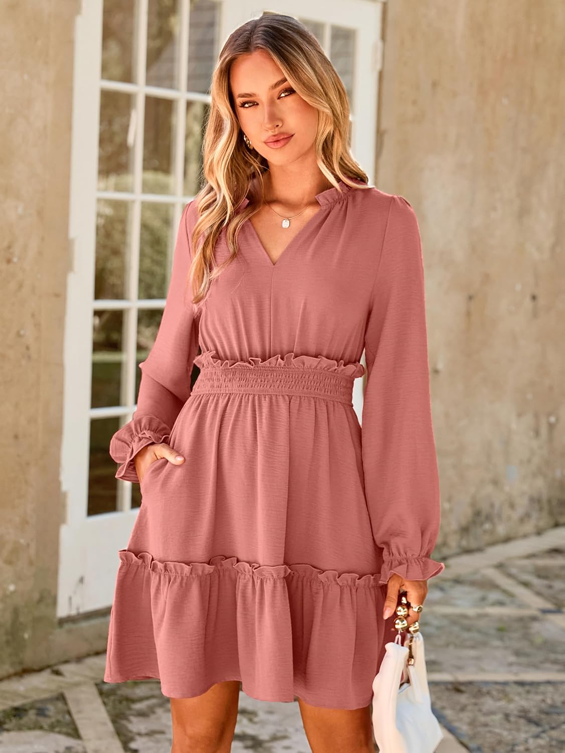 BerryGo Womens Long Sleeve Mini Dress Casual Ruffle Fashion V Neck High Waist A Line Flowy Boho Short Fall Dresses - Image 2