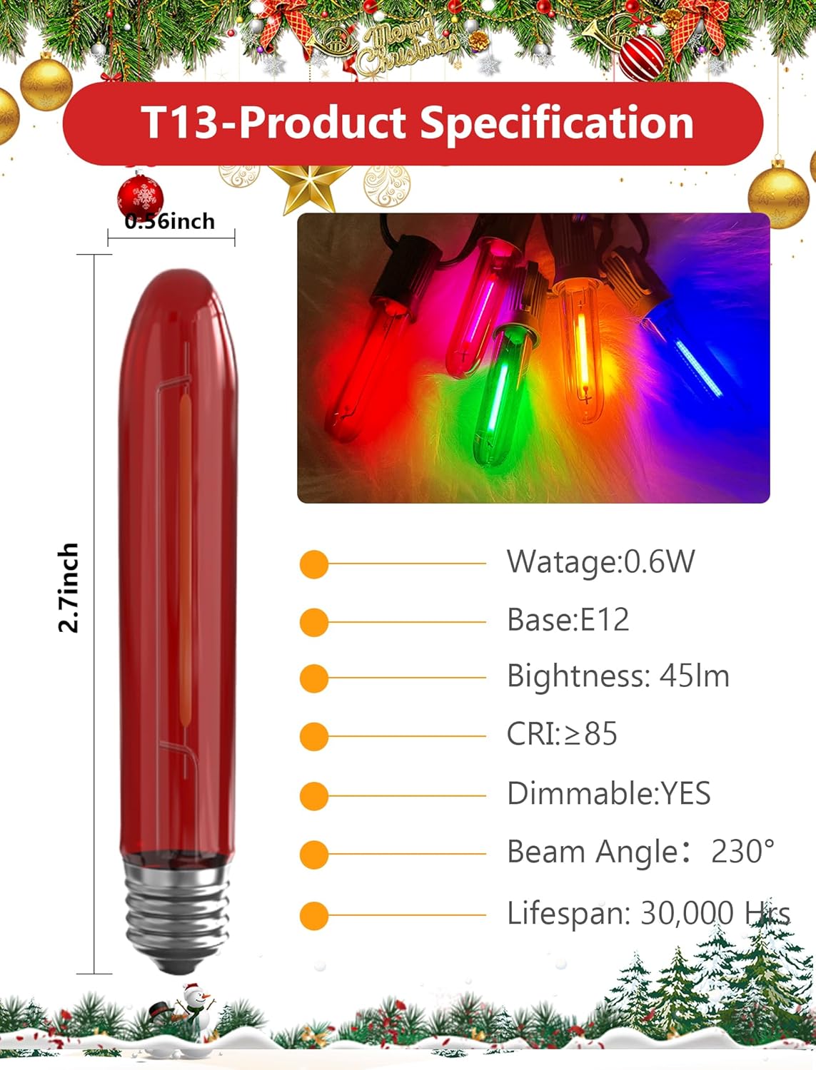12 Pack T13 LED Multicolor Replacement Bulbs, E12 Candelabra Base LED Bulbs for Outdoor String Lights, Night Light, Christmas Candles, Window Lights, 0.6W Energy Saving Decorative Multicolor Bulb