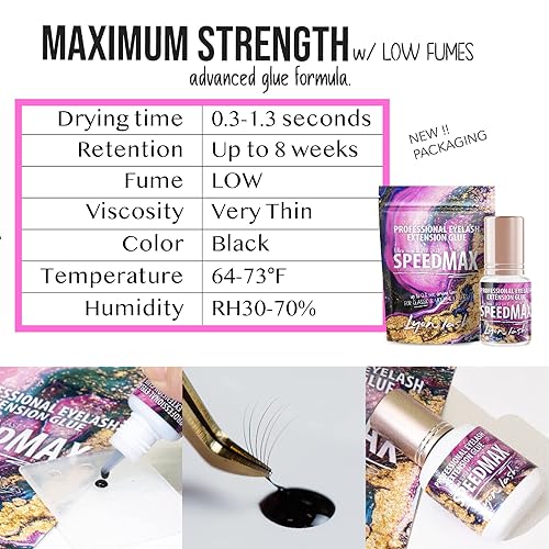Miniatura 4 de Lyon Lash SPEEDMAX - Pegamento para extensión de pestañas, 0.3 a 1.3 segundos, tiempo de secado de hasta 8 semanas, suministros adhesivos negros
