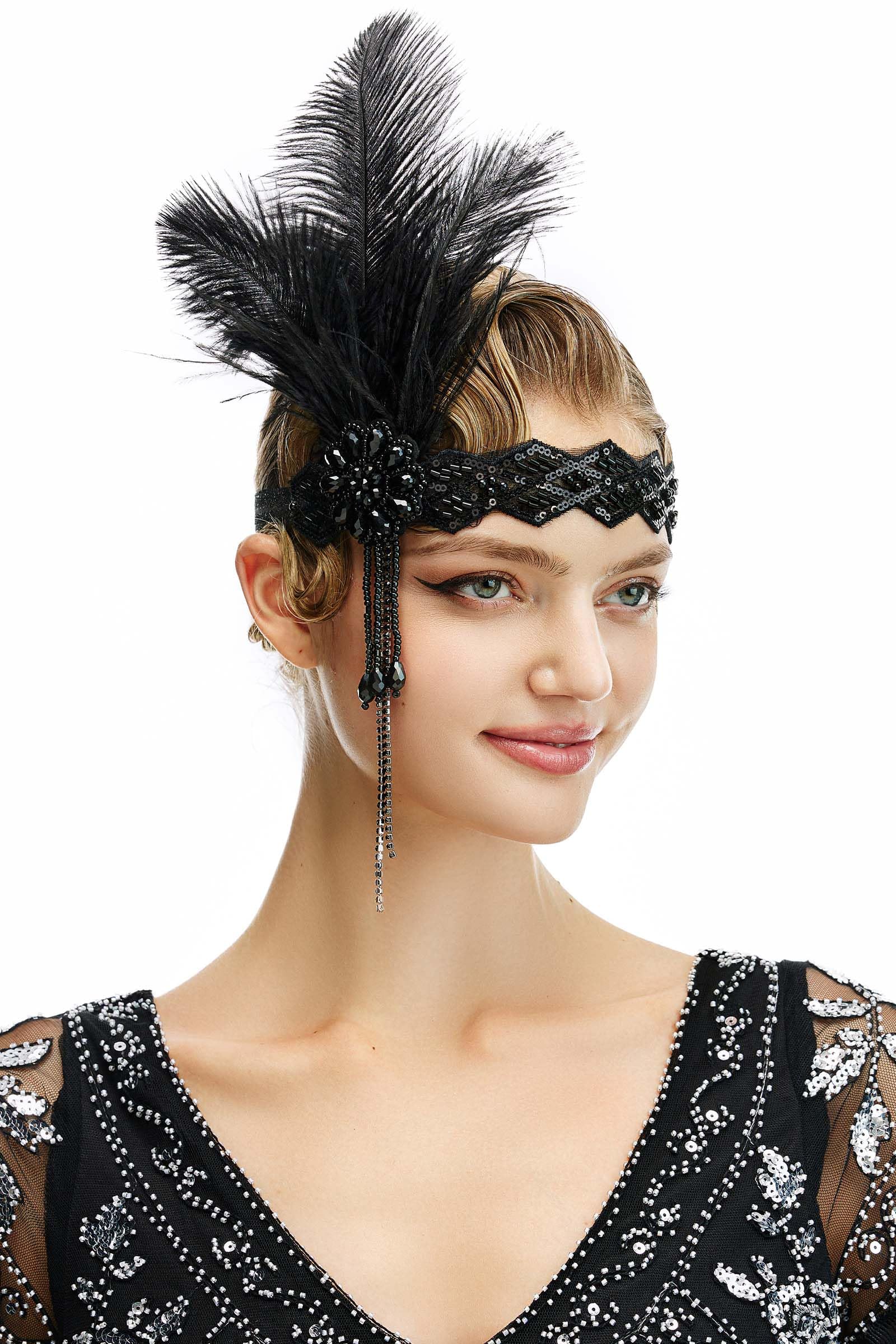 Women\'s Headband Flapper Feather Headpiece with Chain Black 1920s Flapper Feather Headband, 20s Sequined Showgirl  main image 2