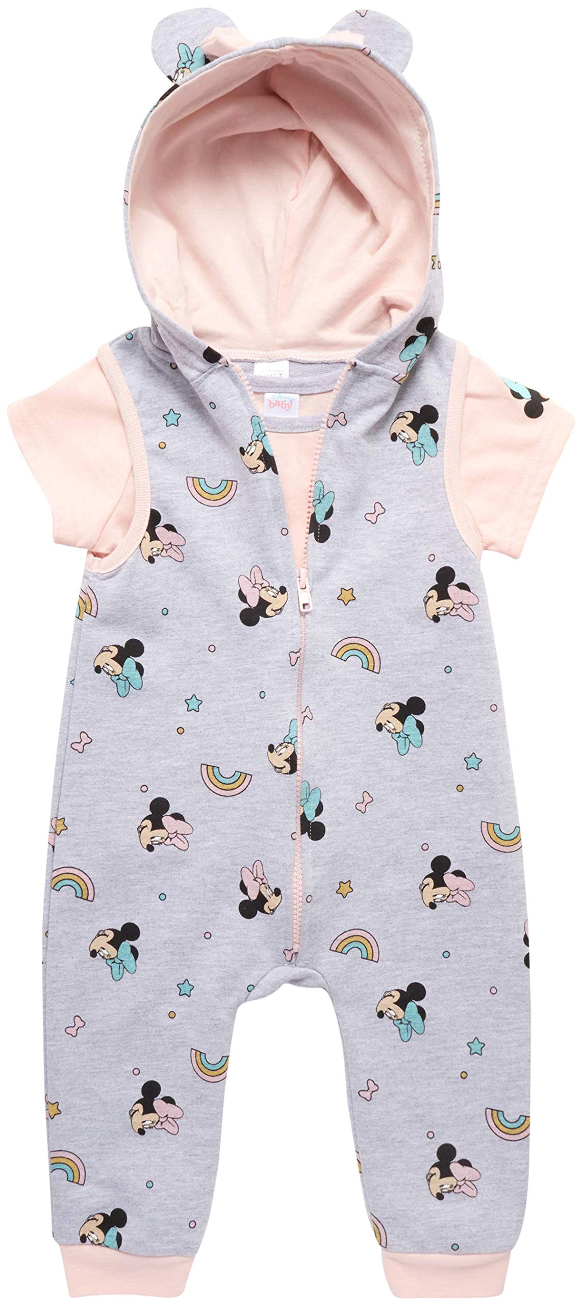 Baby Girl Minnie Mouse Sleeveless Hooded Footless Romper Coverall Short Sleeve T-Shirt Set (Newborn/Infant)