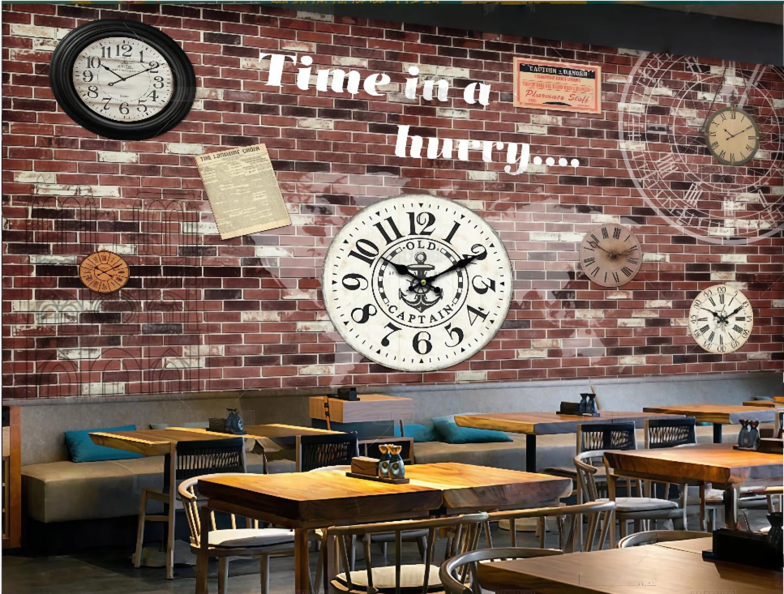 Xdoubao 3D Wallpaper Nostalgic Brick Wall Clock Poster Theme Music Bar Dessert Shop Afternoon Tea Western Restaurant Background Wall Wallpaper Coffee Shop Mural,,150X105cm