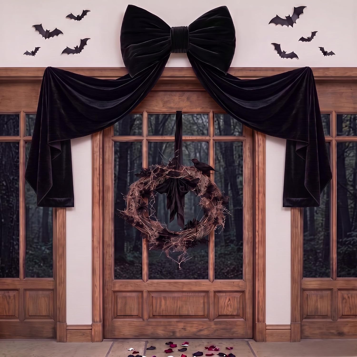 Retrowavy 78.7 x 33.5 Inch Large Halloween Black Velvet Bow with Streamers | Giant Halloween Tree Topper, Big Pre-made Black Bow Ornaments, for Front Door, Mantel Wall, Gothic Christmas Party Decoration