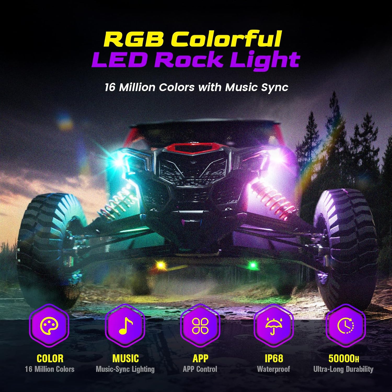 4Pods LED Rock Lights Kit, Multi-Color Neon Rock Light with App Control, Music Sync, IP68 Waterproof, RGB Wheel Well Lights for Truck ATV UTV RZR SUV Golf Cart, 12V Vehicle Accent Underbody Light