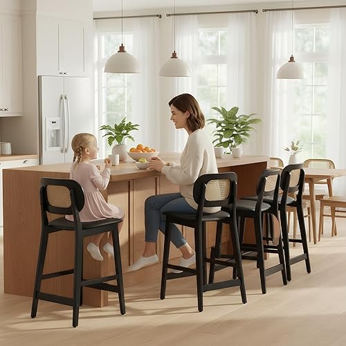 Miniatura 3 de Juego de 2 taburetes de bar de ratán de piel sintética negra, taburetes de bar tapizados de 26 pulgadas, sillas de isla de cocina de madera negra