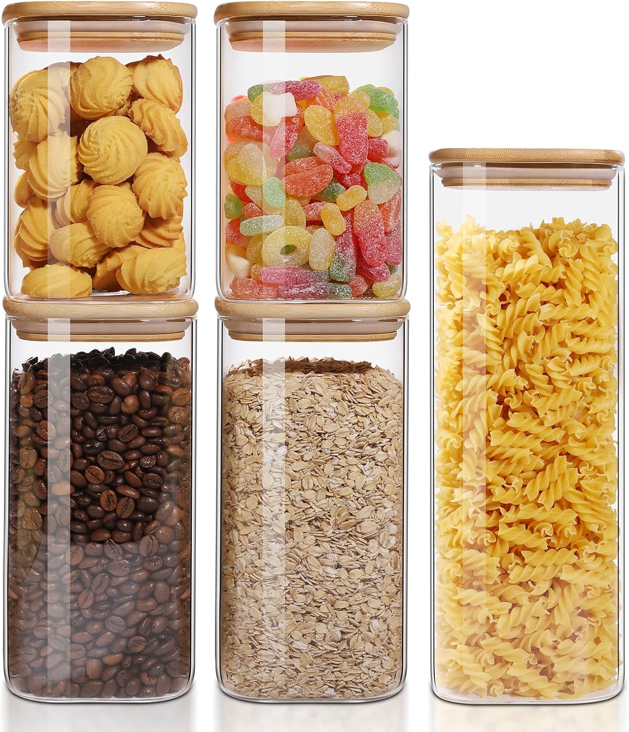 Mrany Glass Storage Containers with Lids Set Of 5, Clear Food Jars Fits for Pantry, Coffee Bar, Square Airtight Canisters for Organizer Pasta, Sugar, Cerea, Coffee Bean