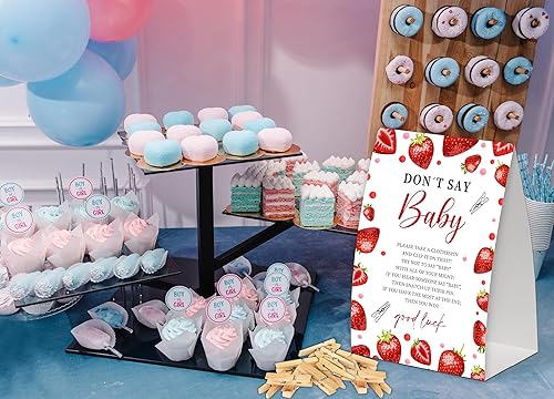 Miniatura 3 de Juego de bebé de fresa con texto en inglés "Don't Say Baby Show", paquete de un letrero de 5 x 7 pulgadas y 50 mini pinzas naturales para la ropa,